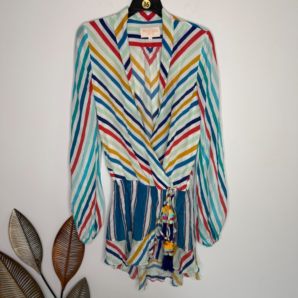 H18 Rococo Sand Striped Silk‎ Blend Wrap Mini Dress Multi Color Tassel Tie XS